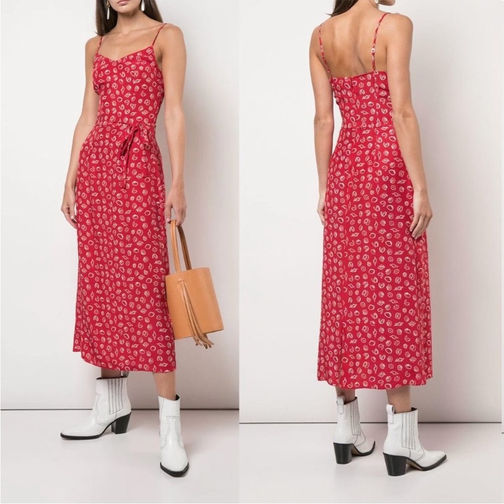 HVN Josephine Red Silk Seashell Midi Dress - Size 4